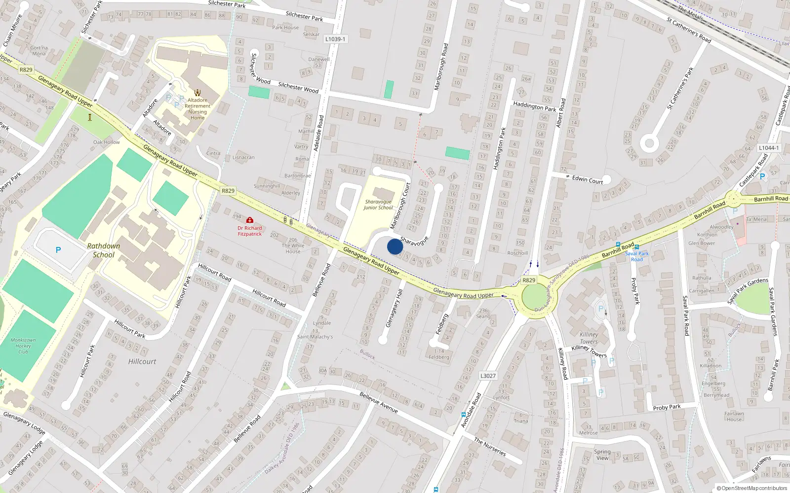 Overhead map showing the location of 1 Sharavogue, Dun Laoghaire