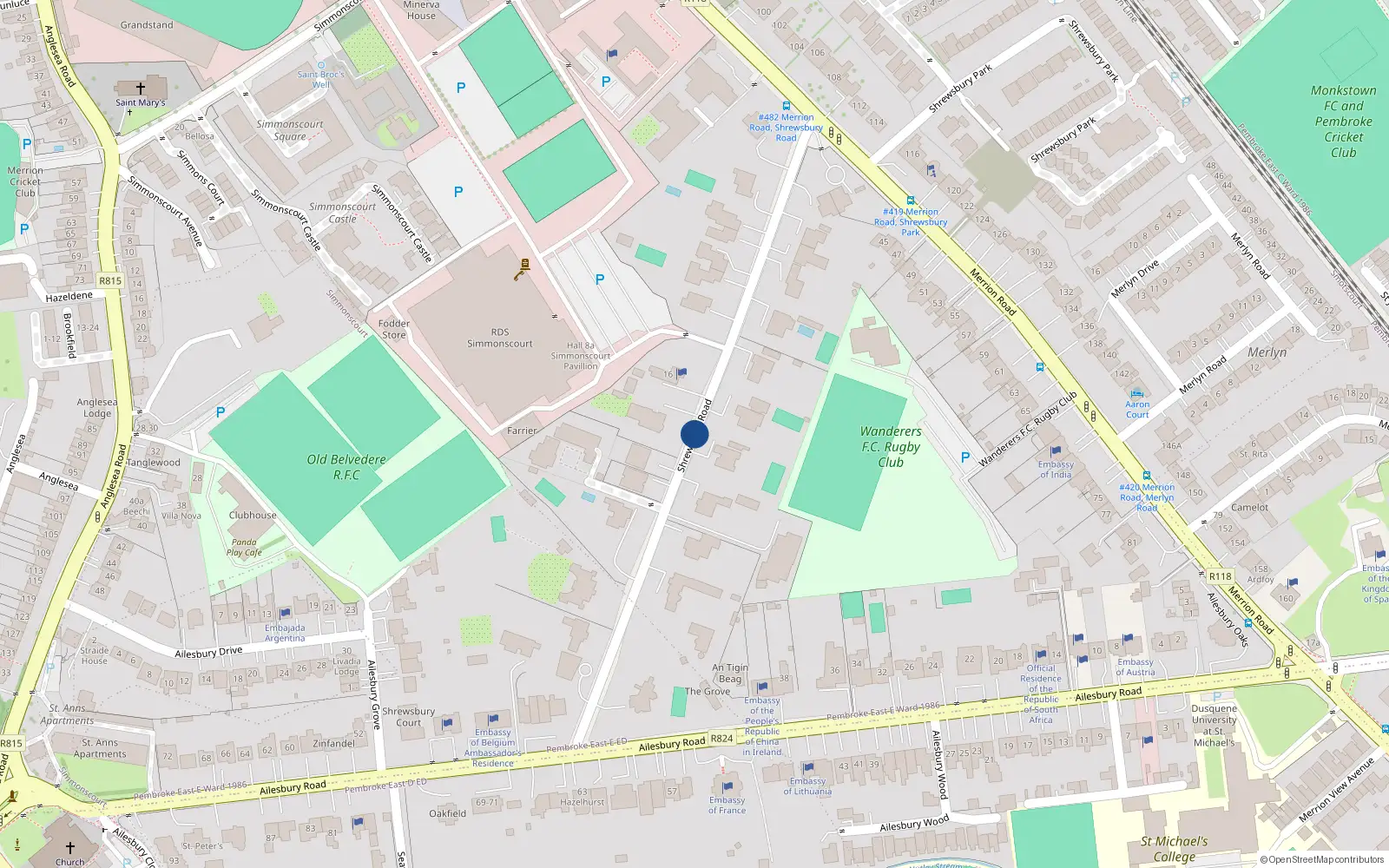 Overhead map showing the location of 1 Shrewsbury Road, Ballsbridge