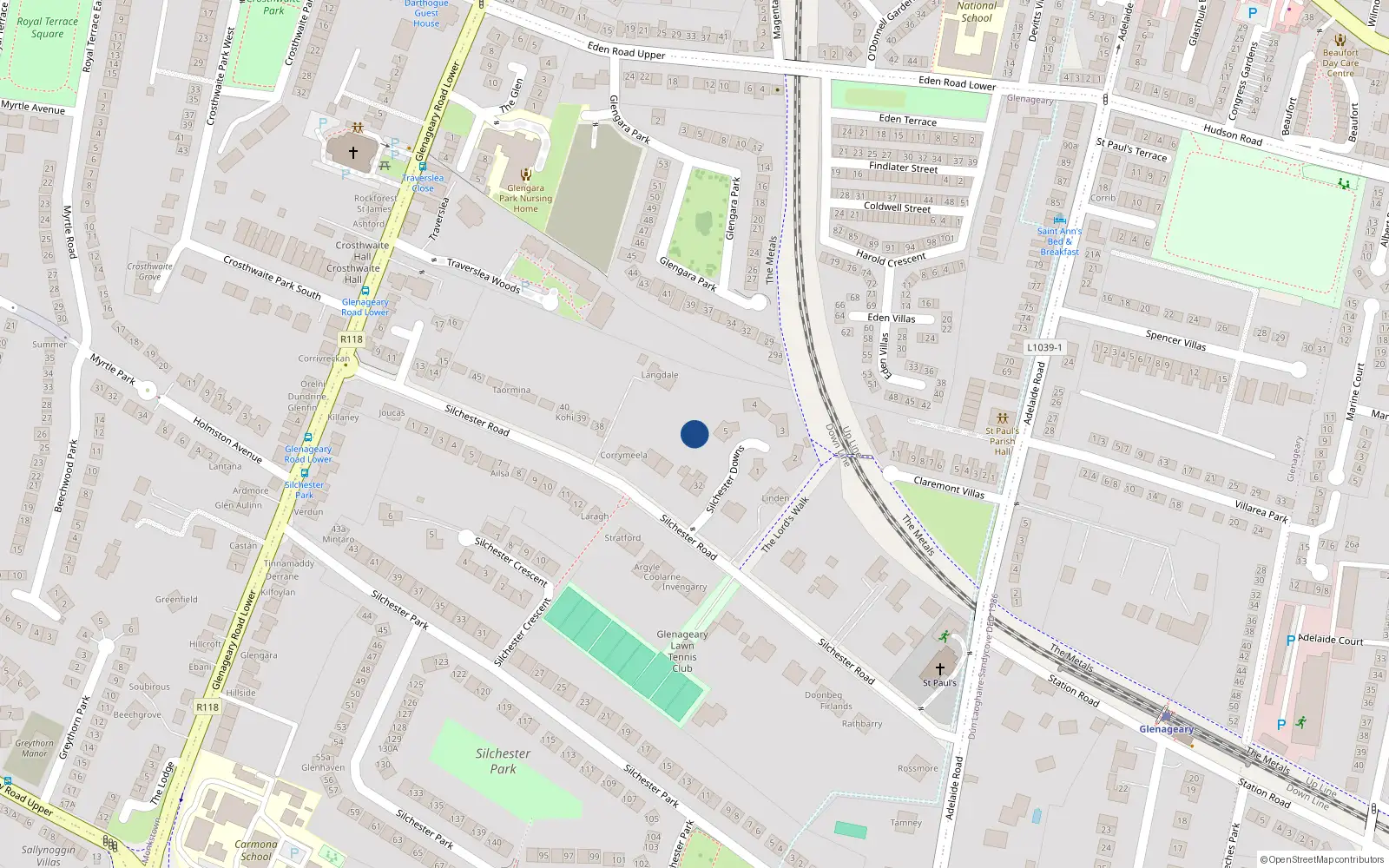 Overhead map showing the location of 1 Silchester Gardens, Glenageary