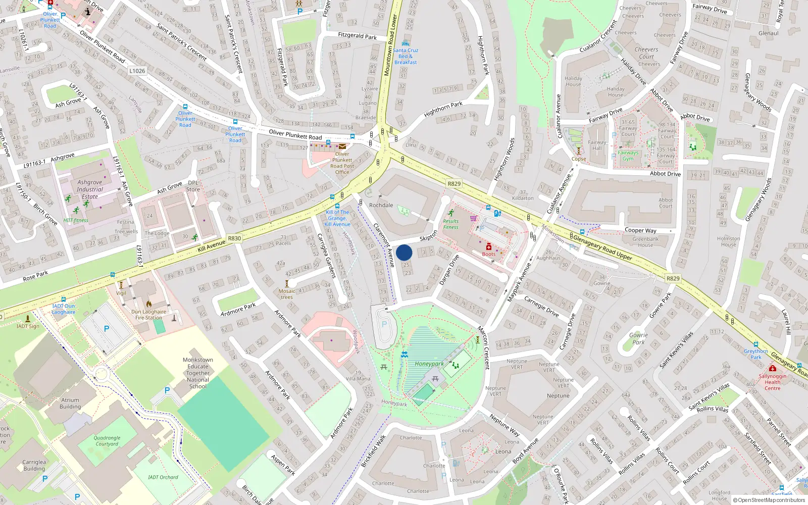 Overhead map showing the location of 1 Skipton, Dún Laoghaire
