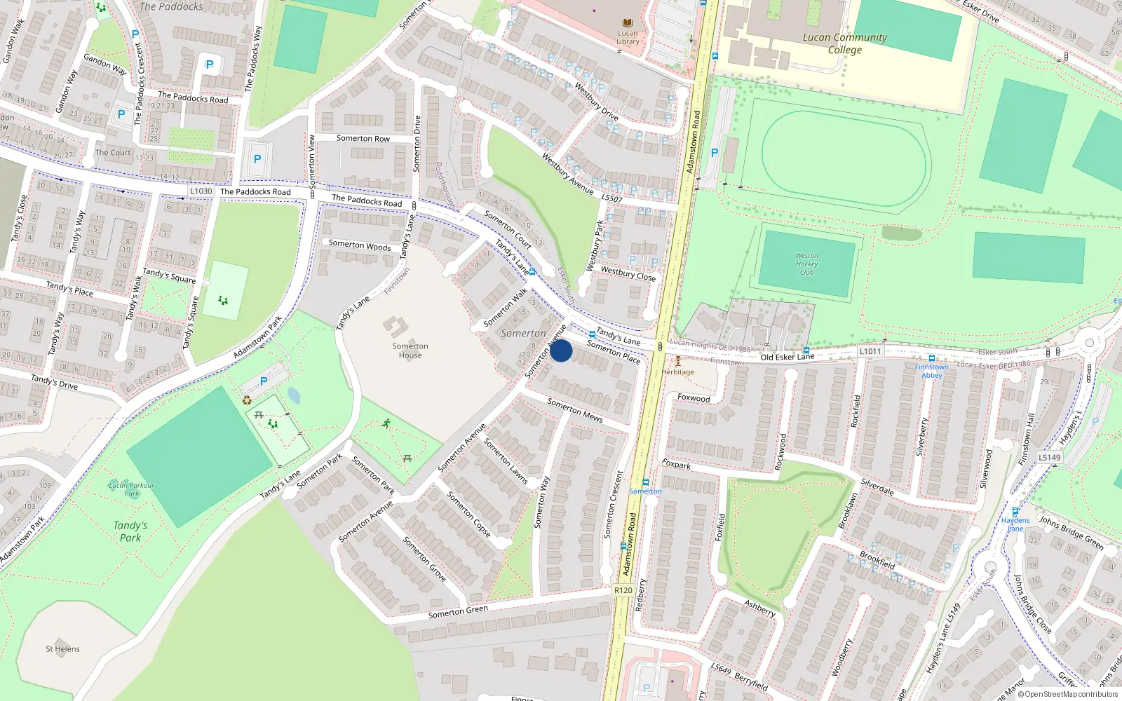 Overhead map showing the location of 1 Somerton Avenue, Newcastle Road, Lucan