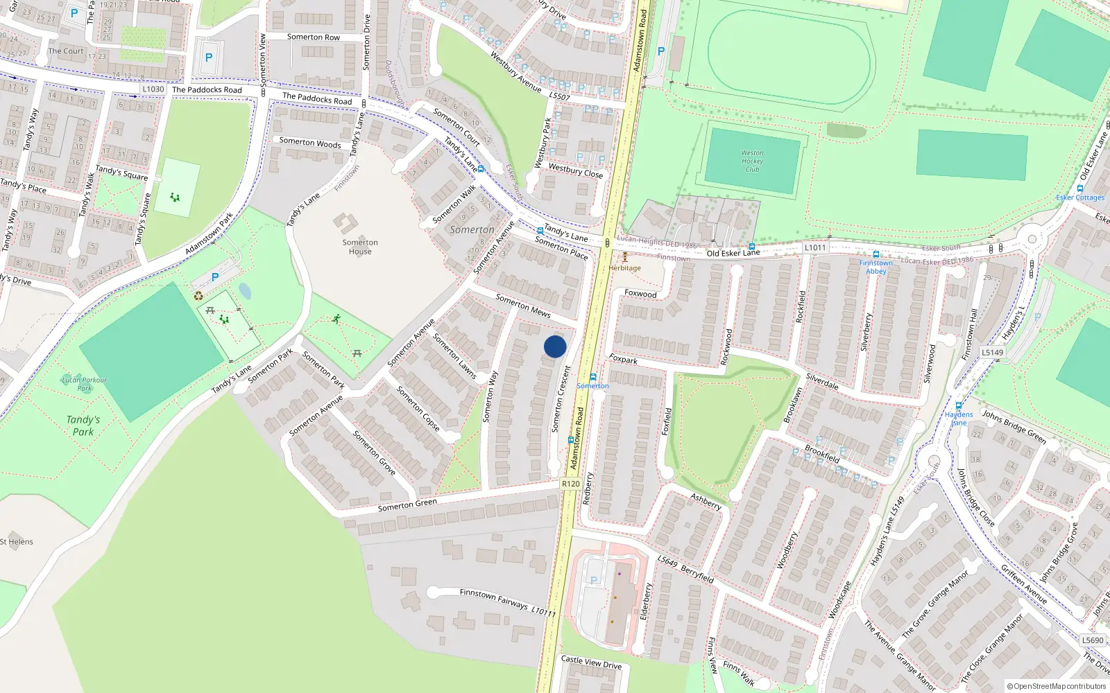 Overhead map showing the location of 1 Somerton Crescent, Lucan