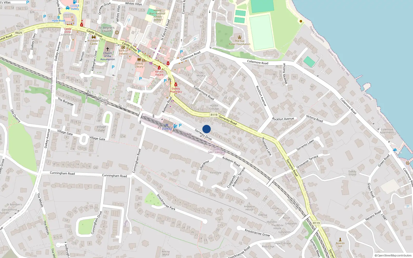 Overhead map showing the location of 1 Sorrento Drive, Dalkey