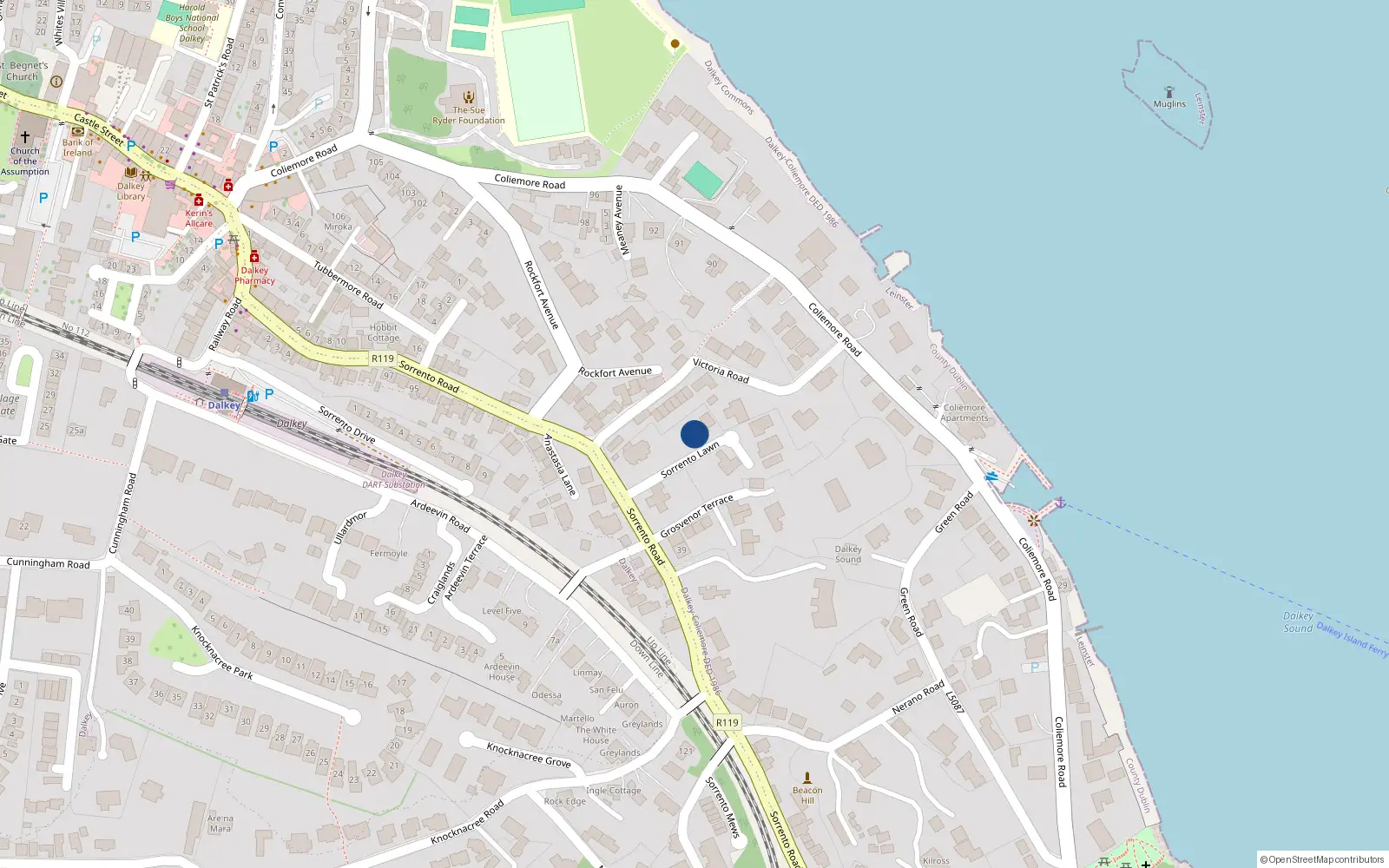 Overhead map showing the location of 1 Sorrento Lawn, Dalkey