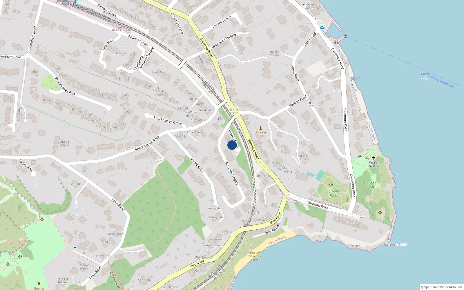 Overhead map showing the location of 1 Sorrento Mews, Sorrento Road, Dalkey
