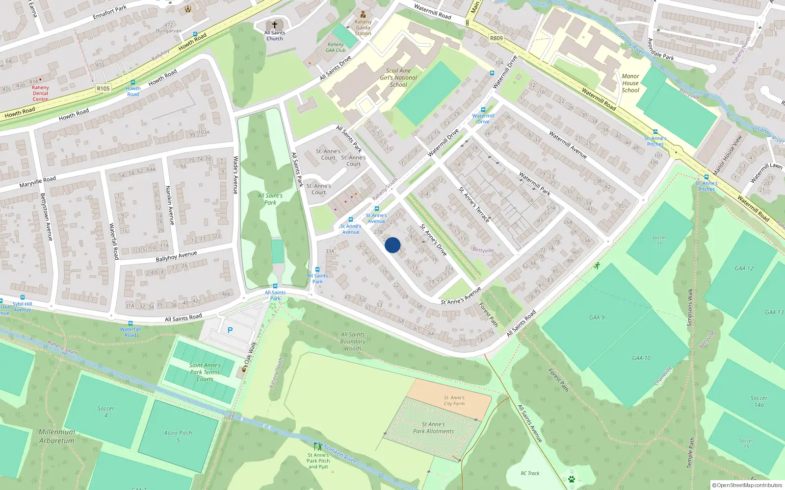 Overhead map showing the location of 1 St Annes Avenue, Raheny, Dublin 5
