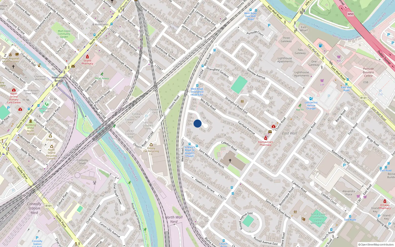 Overhead map showing the location of 1 St Barnabas Gardens, West Road, East Wall Dublin 3