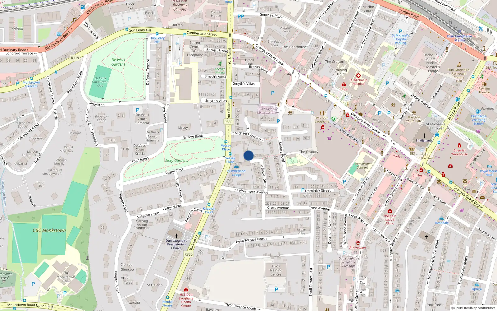 Overhead map showing the location of 1 St Brendans Terrace, Dunlaoire, Dublin