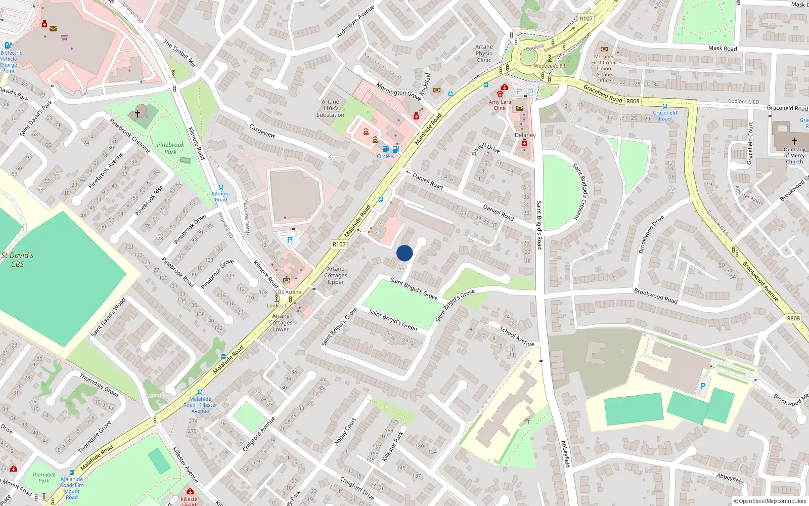 Overhead map showing the location of 1 Clós Naomh Bríd, Dublin 5