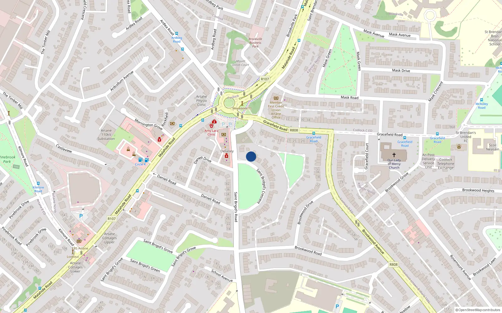 Overhead map showing the location of 1 St Brigids Crescent, Artane, Dublin 5