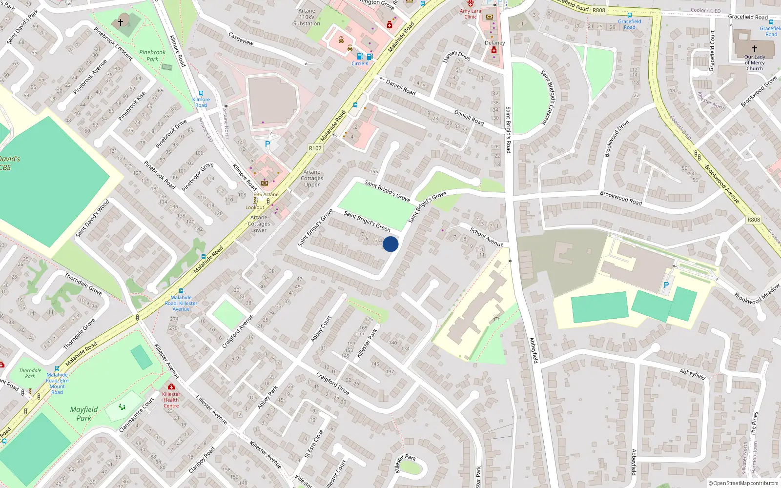 Overhead map showing the location of 1 St. Brigids Grove, Artane