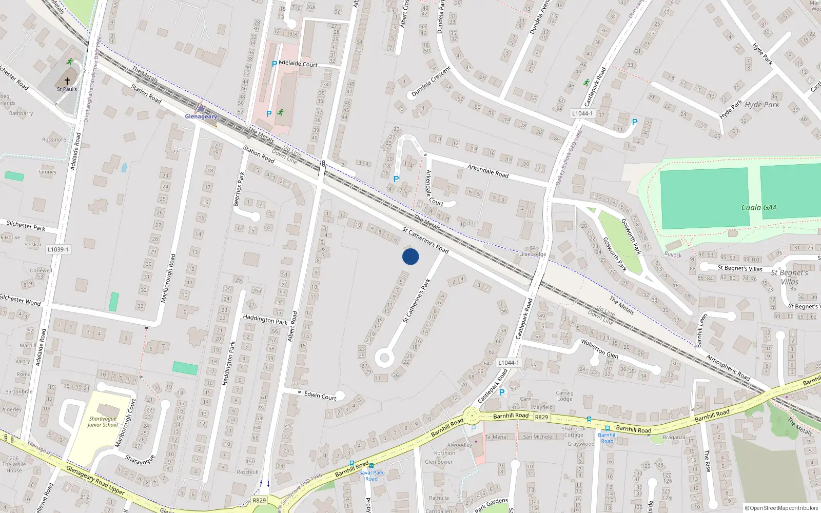Overhead map showing the location of 1 St. Catherines Park, Glenageary