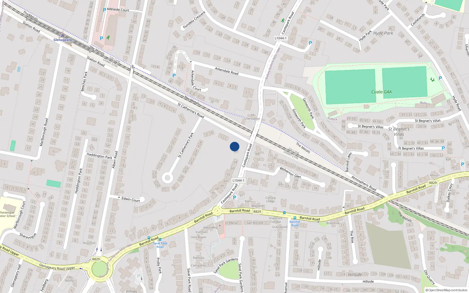 Overhead map showing the location of 1 St Catherines Road, Glenageary, Dublin