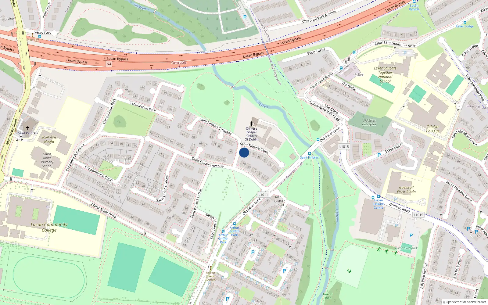 Overhead map showing the location of 1 St Finians Close, Lucan, Dublin