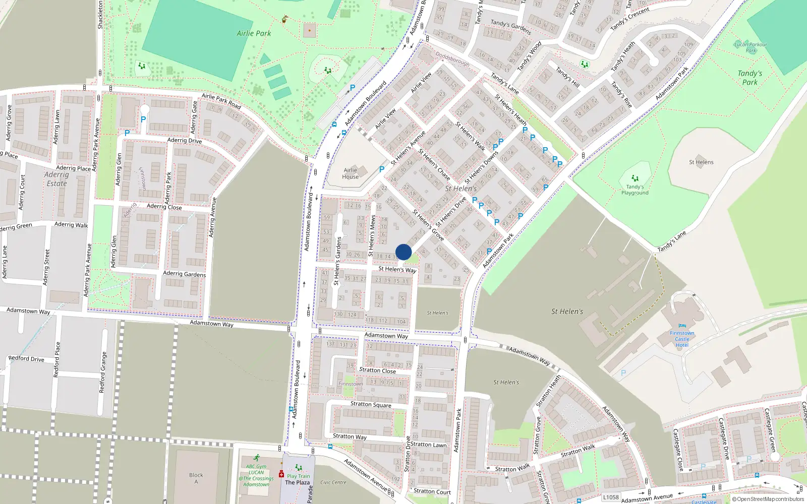 Overhead map showing the location of 1 St Helens Green, Adamstown, Lucan