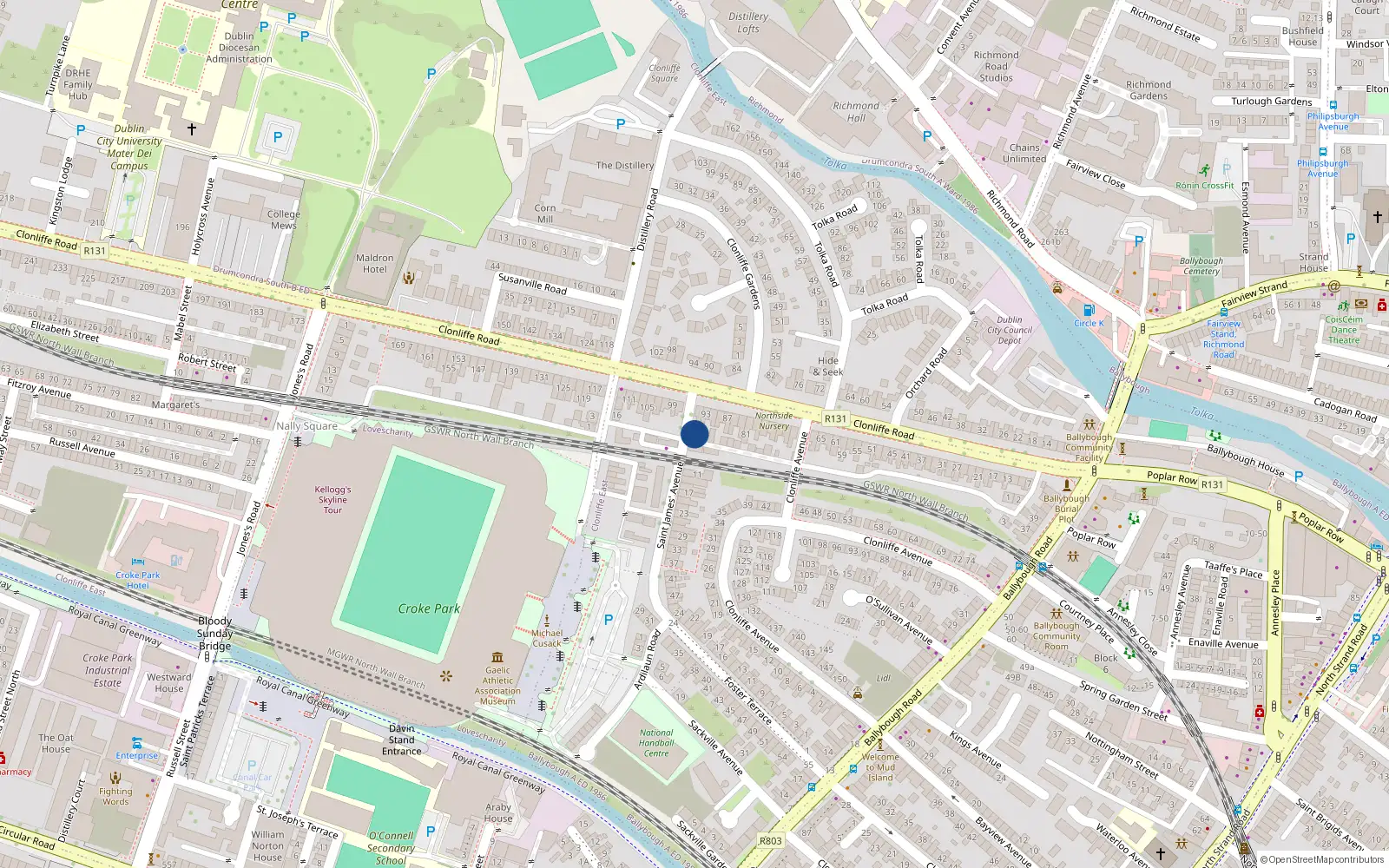 Overhead map showing the location of 1 St James Avenue, Clonliffe Road, Dublin 3