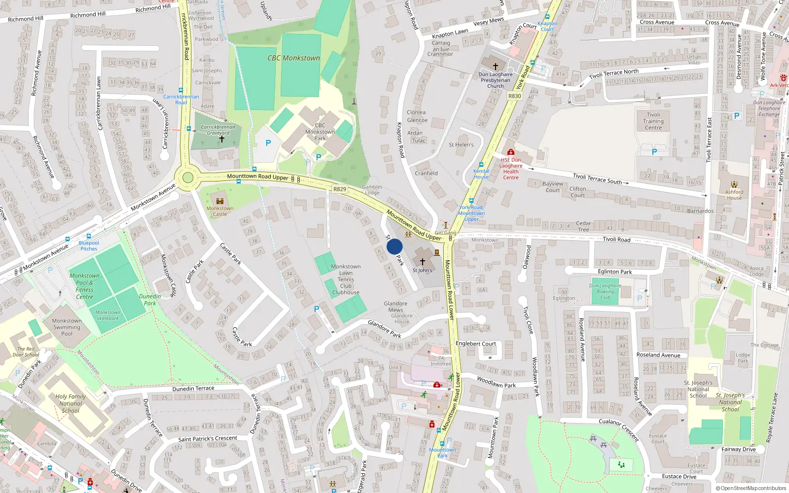 Overhead map showing the location of 1 Saint John's Park, Monkstown