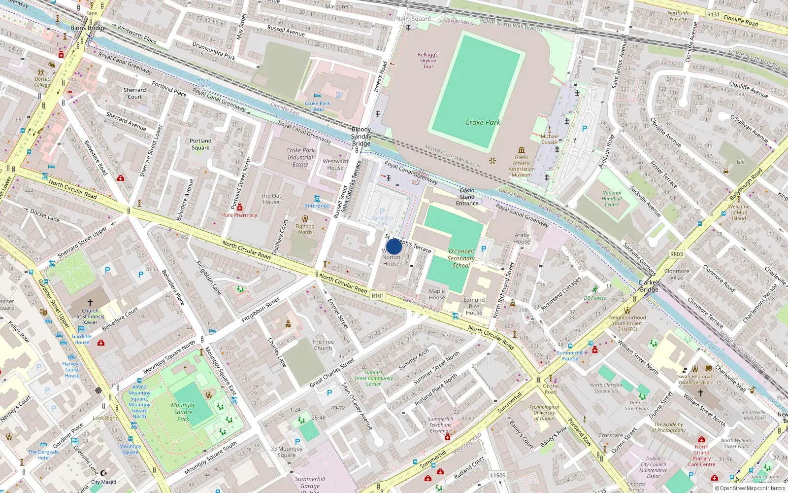 Overhead map showing the location of 1 St Josephs Terrace, The North Circular Road, Dublin 1