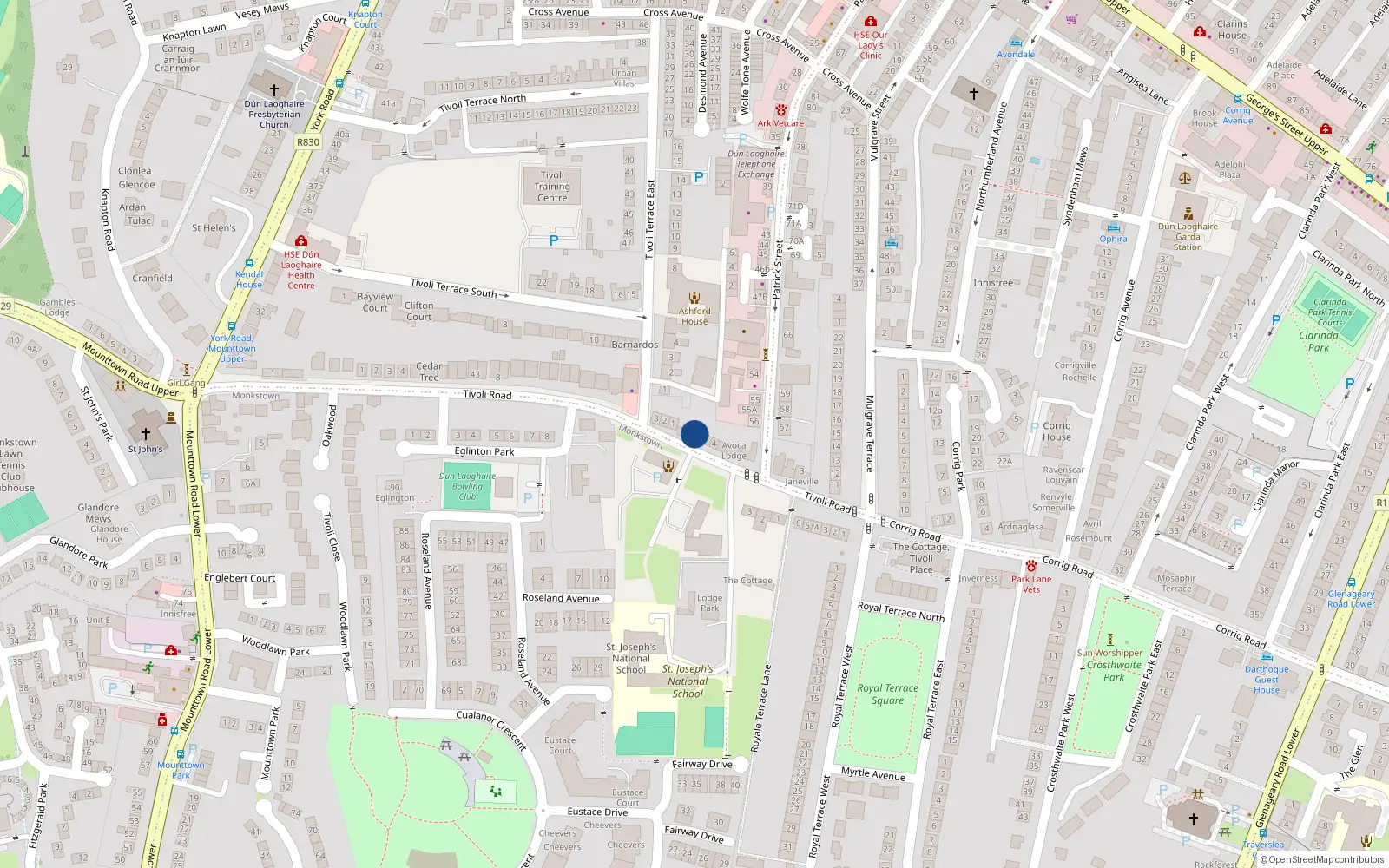Overhead map showing the location of 1 St Josephs Terrace, Tivoli Road, Dun Laoghaire