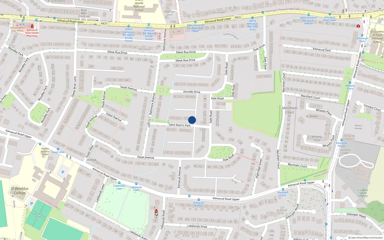 Overhead map showing the location of 1 St Kevin's Park, Kilmacud, Stillorgan