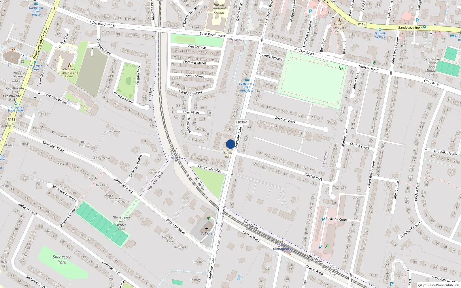 Overhead map showing the location of 1 St. Pauls Square, 25-28 Adelaide Road, Glenageary