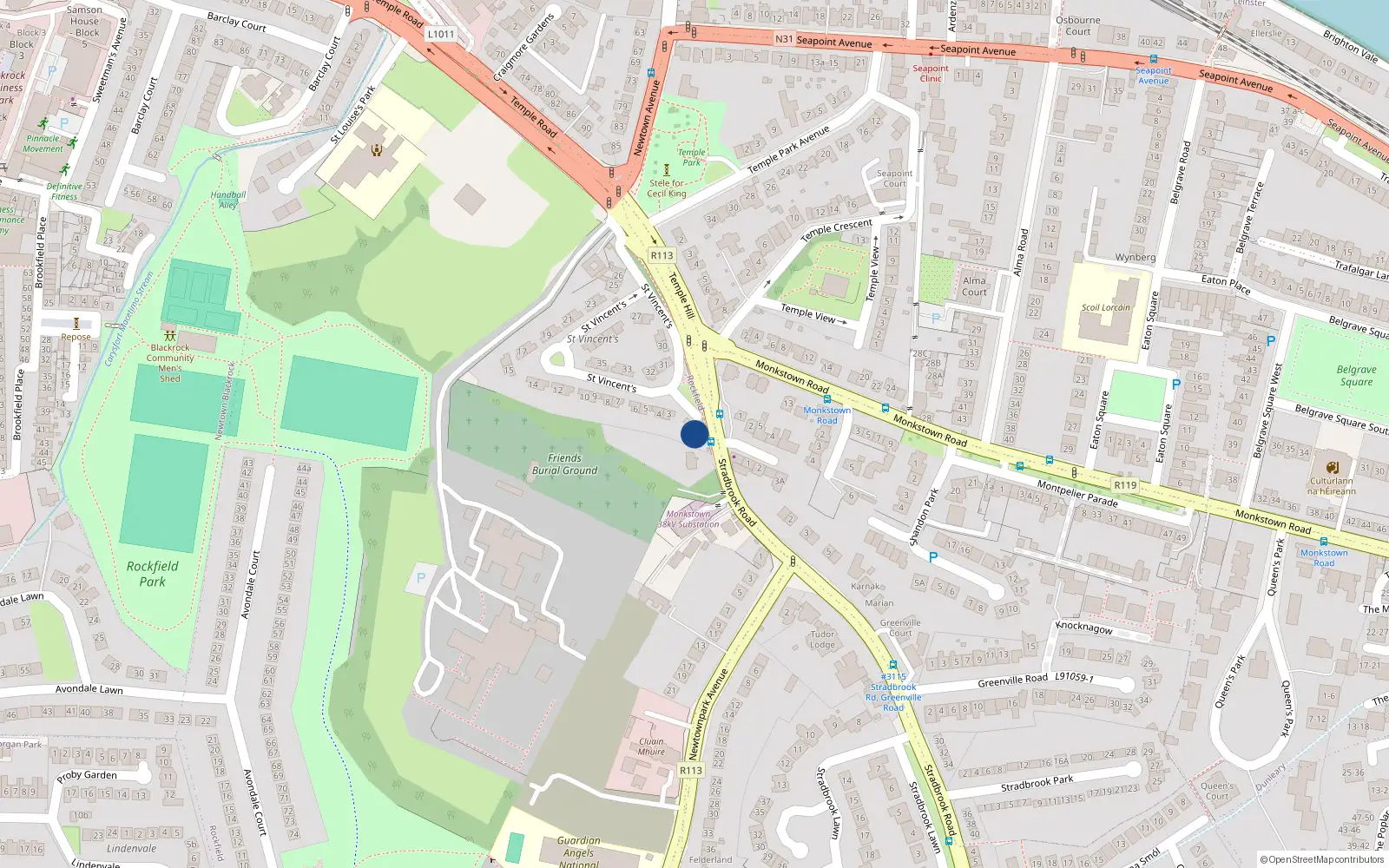 Overhead map showing the location of 1 St Vincents Park, Temple Hill, Blackrock