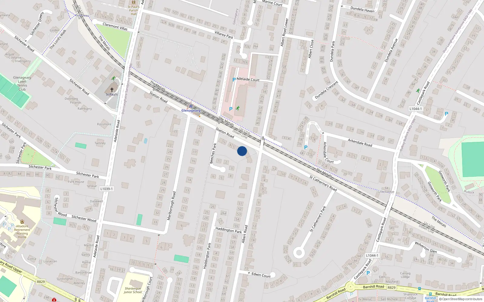 Overhead map showing the location of 1 Station Road, Dublin
