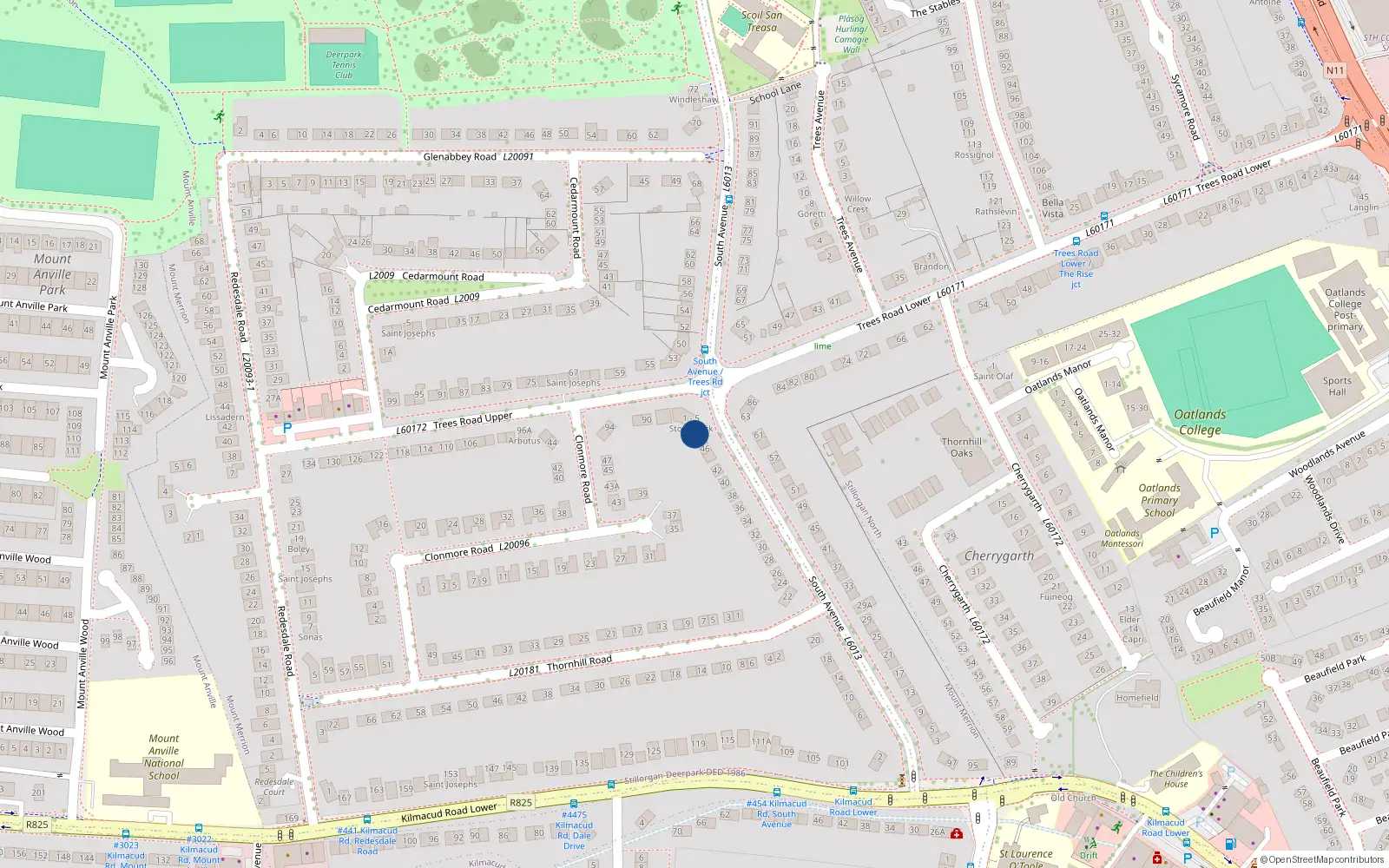 Overhead map showing the location of 1 Stone Park, Trees Road Upper, Mount Merrion
