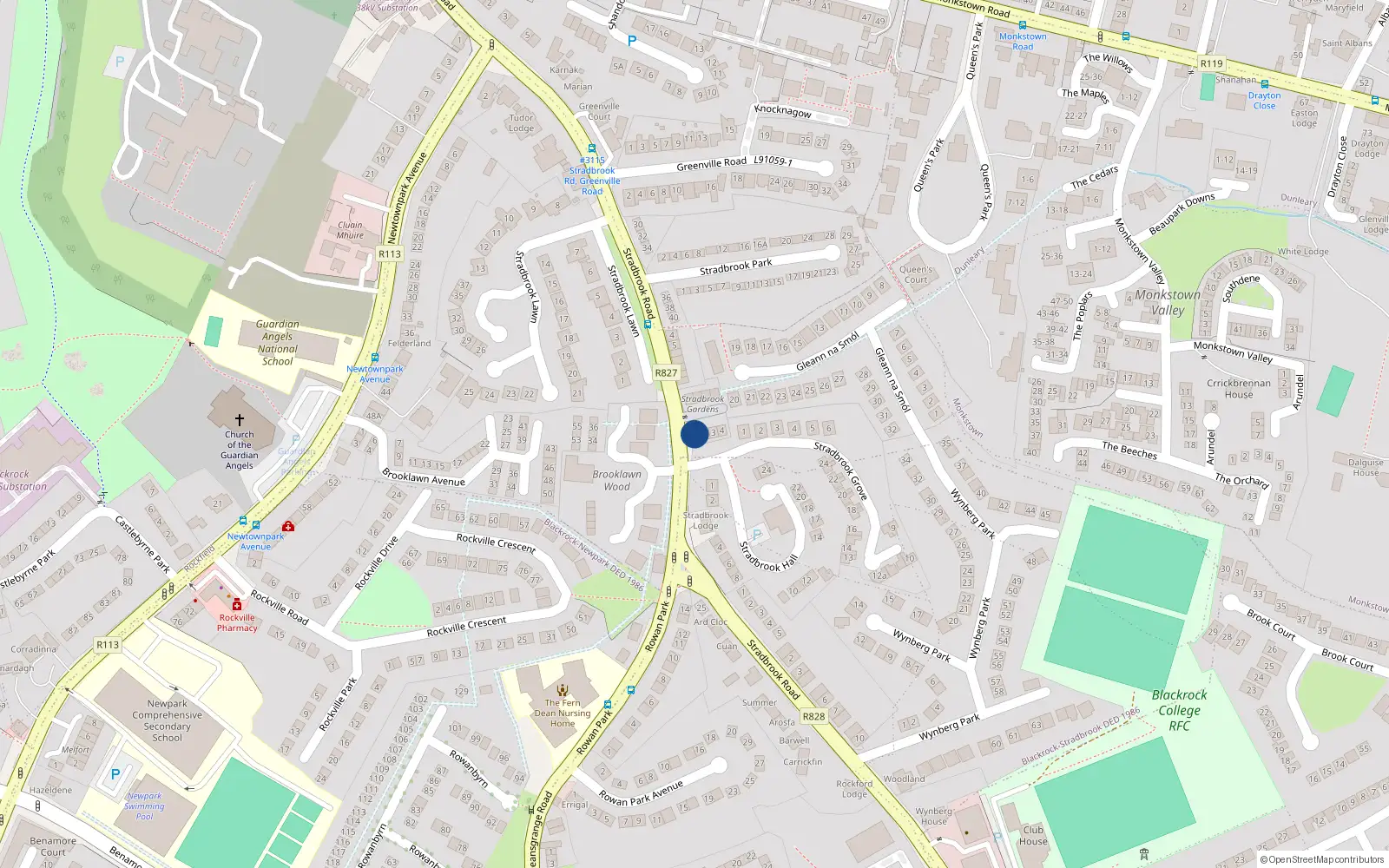 Overhead map showing the location of 1 Stradbrook Gardens, Stradbrook Road, Blackrock