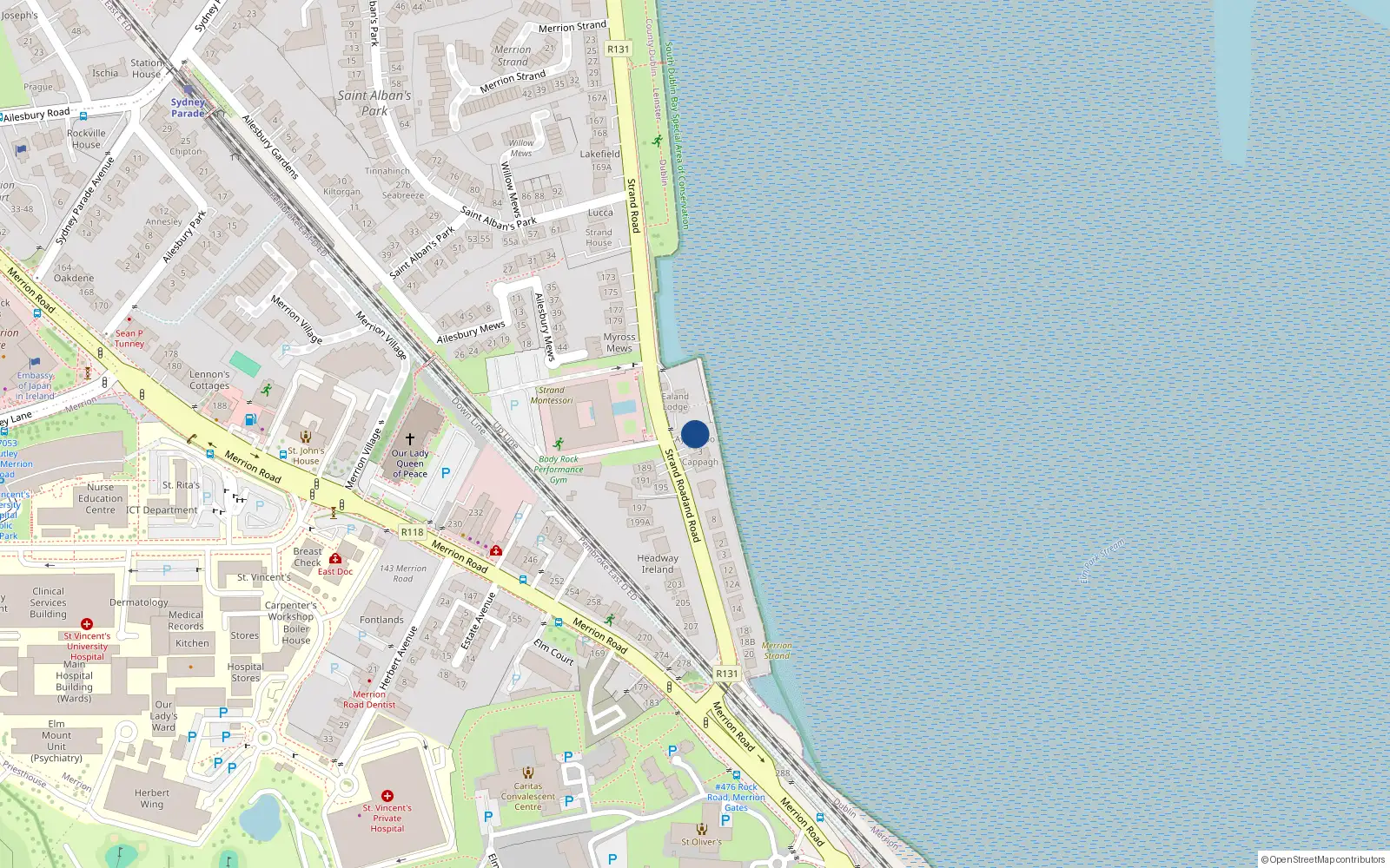 Overhead map showing the location of 1 Strand Road, Dublin 4