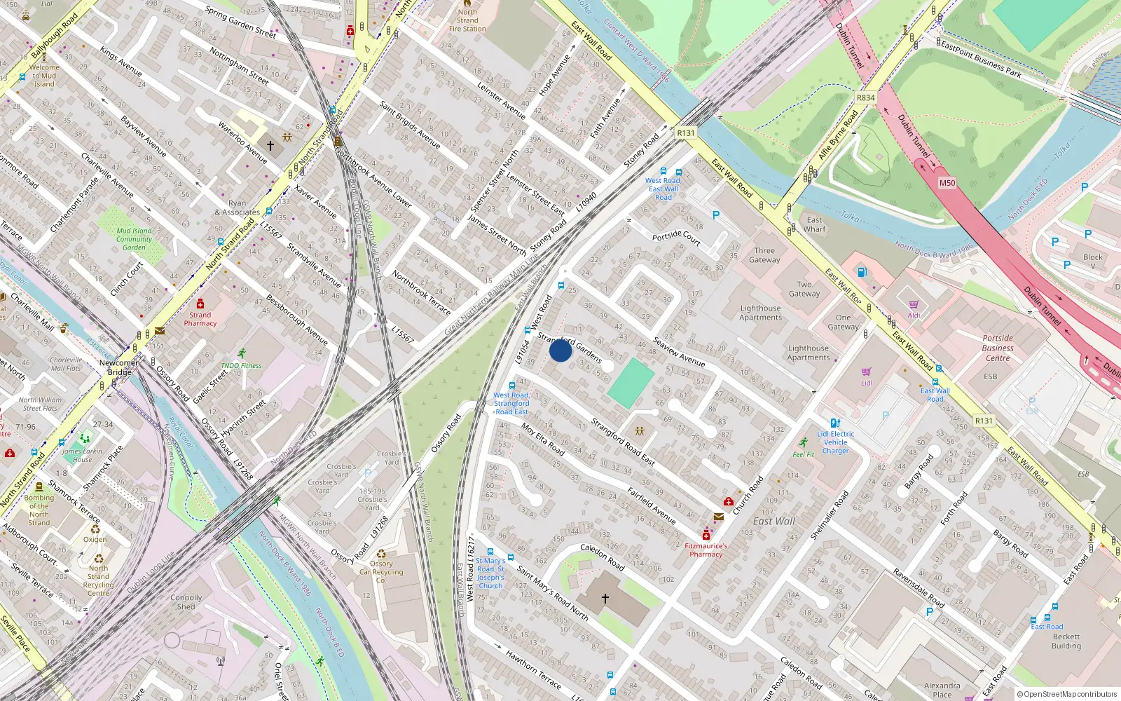 Overhead map showing the location of 1 Strangford Gardens, Dublin