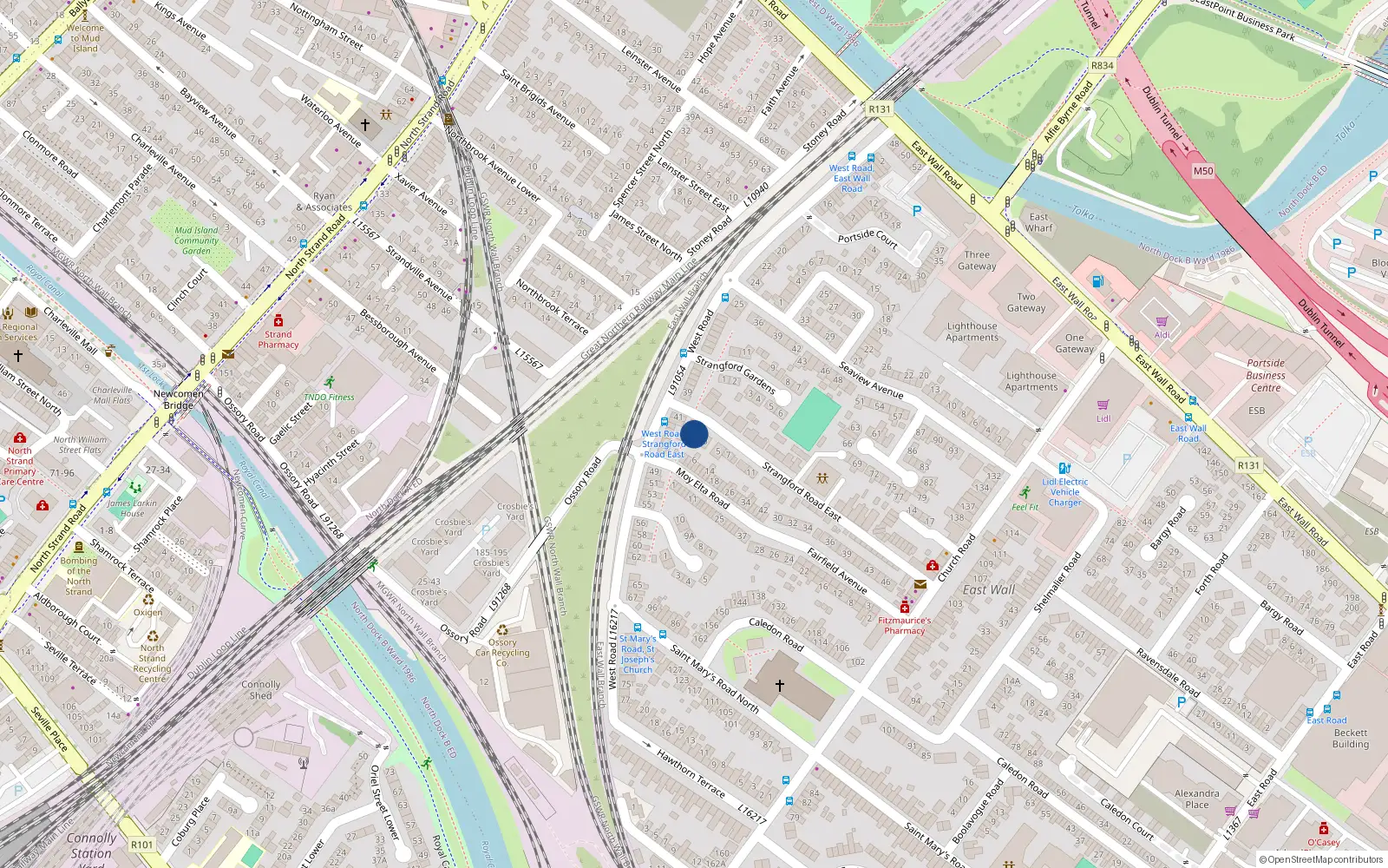 Overhead map showing the location of 1 Strangford Road, East Wall, Dublin 3