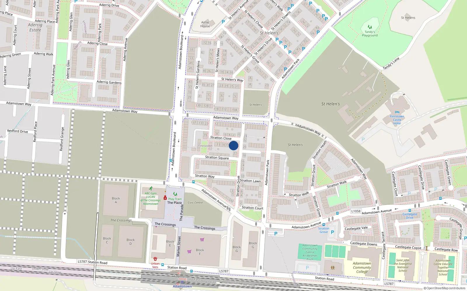 Overhead map showing the location of 1 Stratton Close, Adamstown