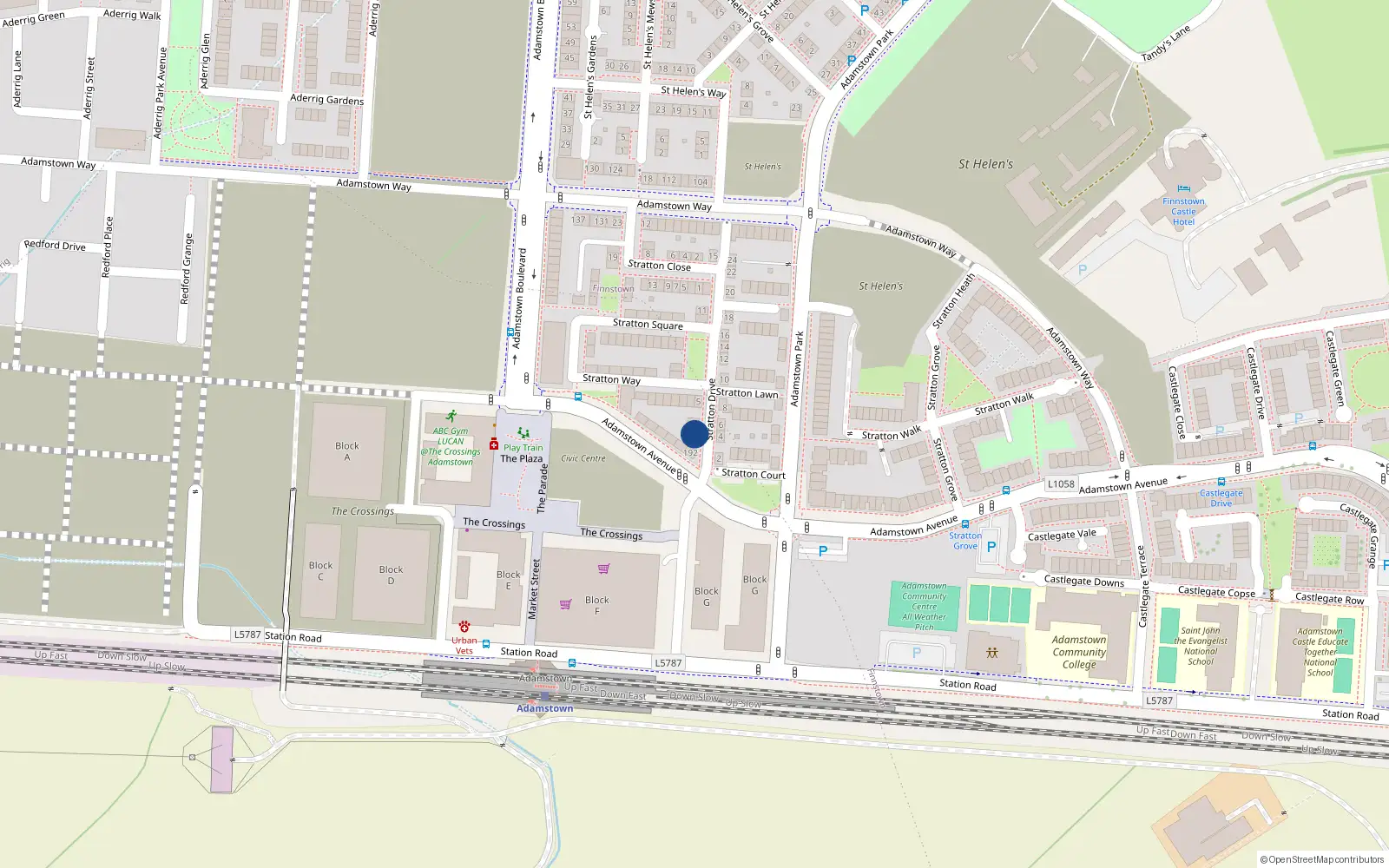 Overhead map showing the location of 1 Stratton Drive, Adamstown Square, Lucan