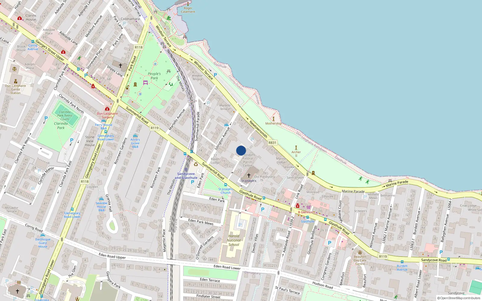 Overhead map showing the location of 2 Summerhill Road, Glasthule