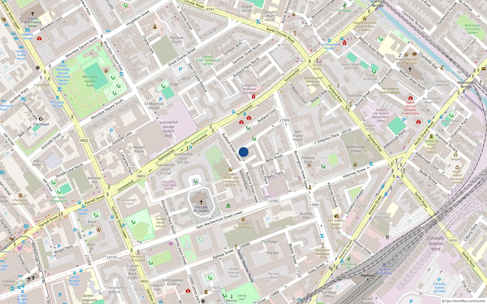 Overhead map showing the location of 1 Summerhill Place, Dublin 1