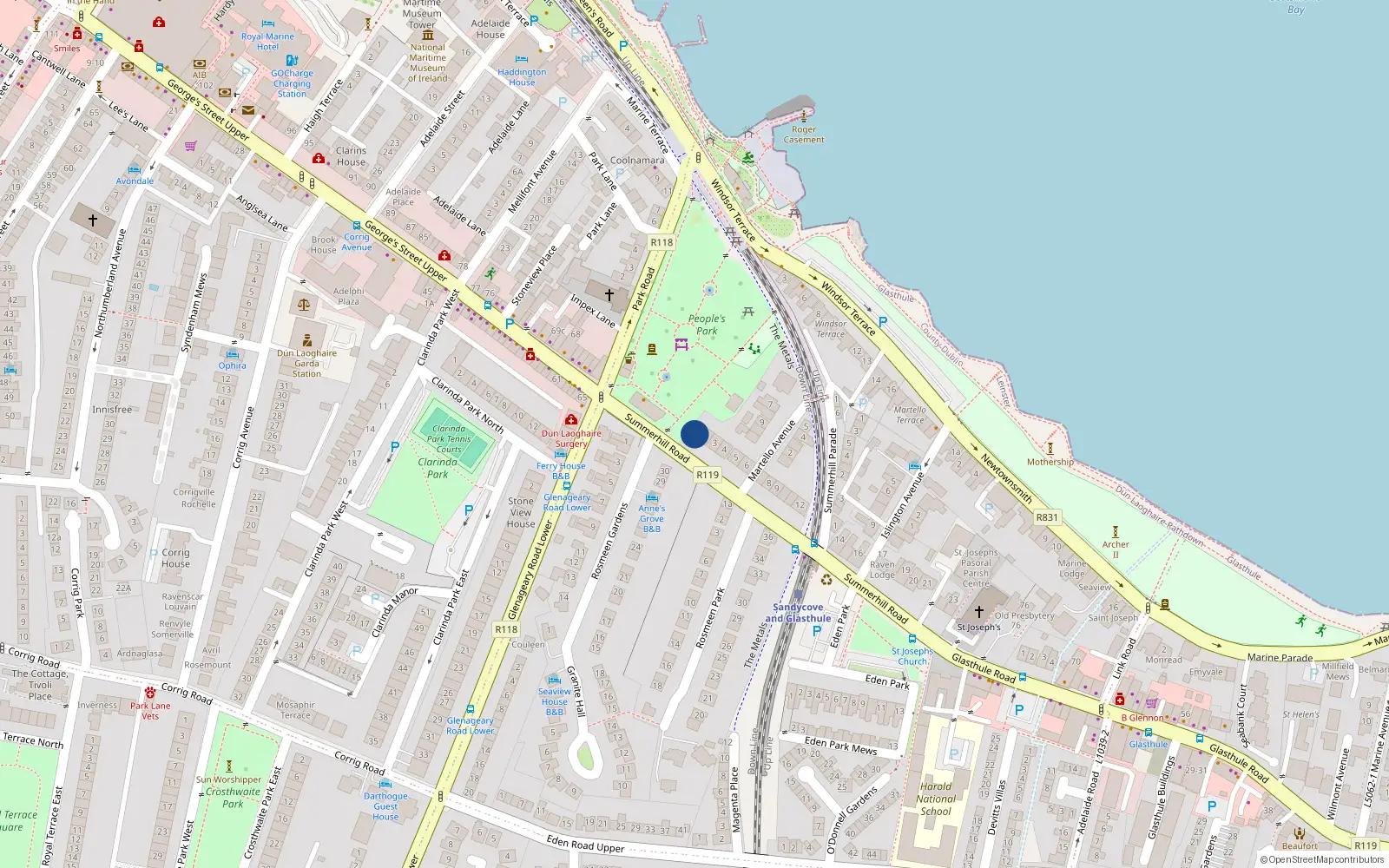 Overhead map showing the location of 1 Summerhill Road, Sandycove, Co Dublin