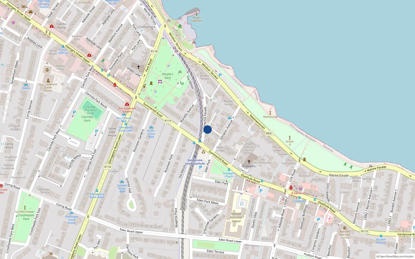 Overhead map showing the location of 1 Summerhill Parade, Sandycove