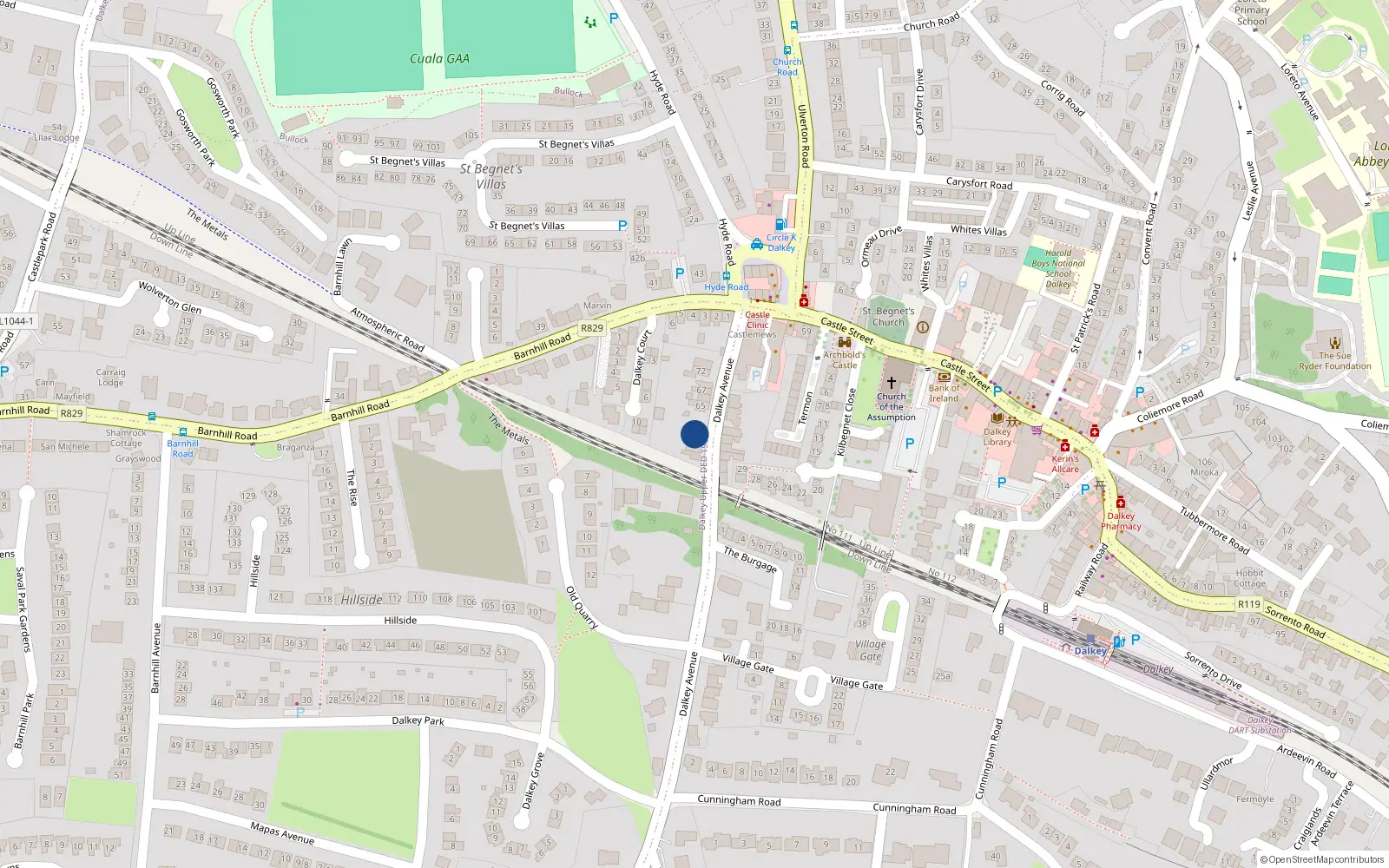 Overhead map showing the location of 1 Summerville Terrace, Dalkey Avenue, Dalkey