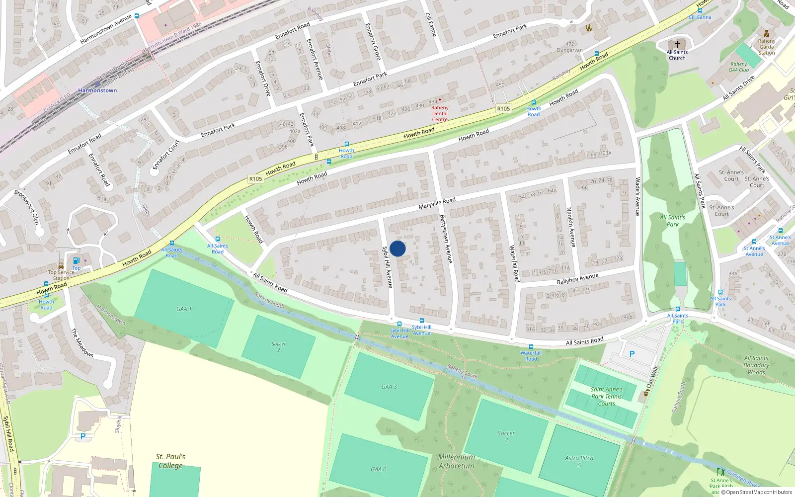 Overhead map showing the location of 1 Sybil Hill Avenue, Dublin 5