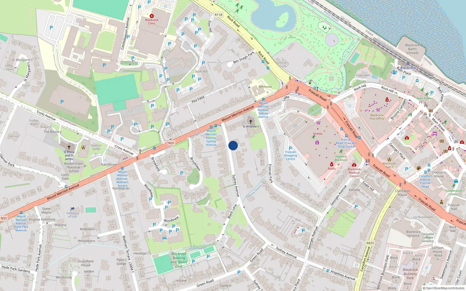 Overhead map showing the location of 1 Sydney Mews, Blackrock