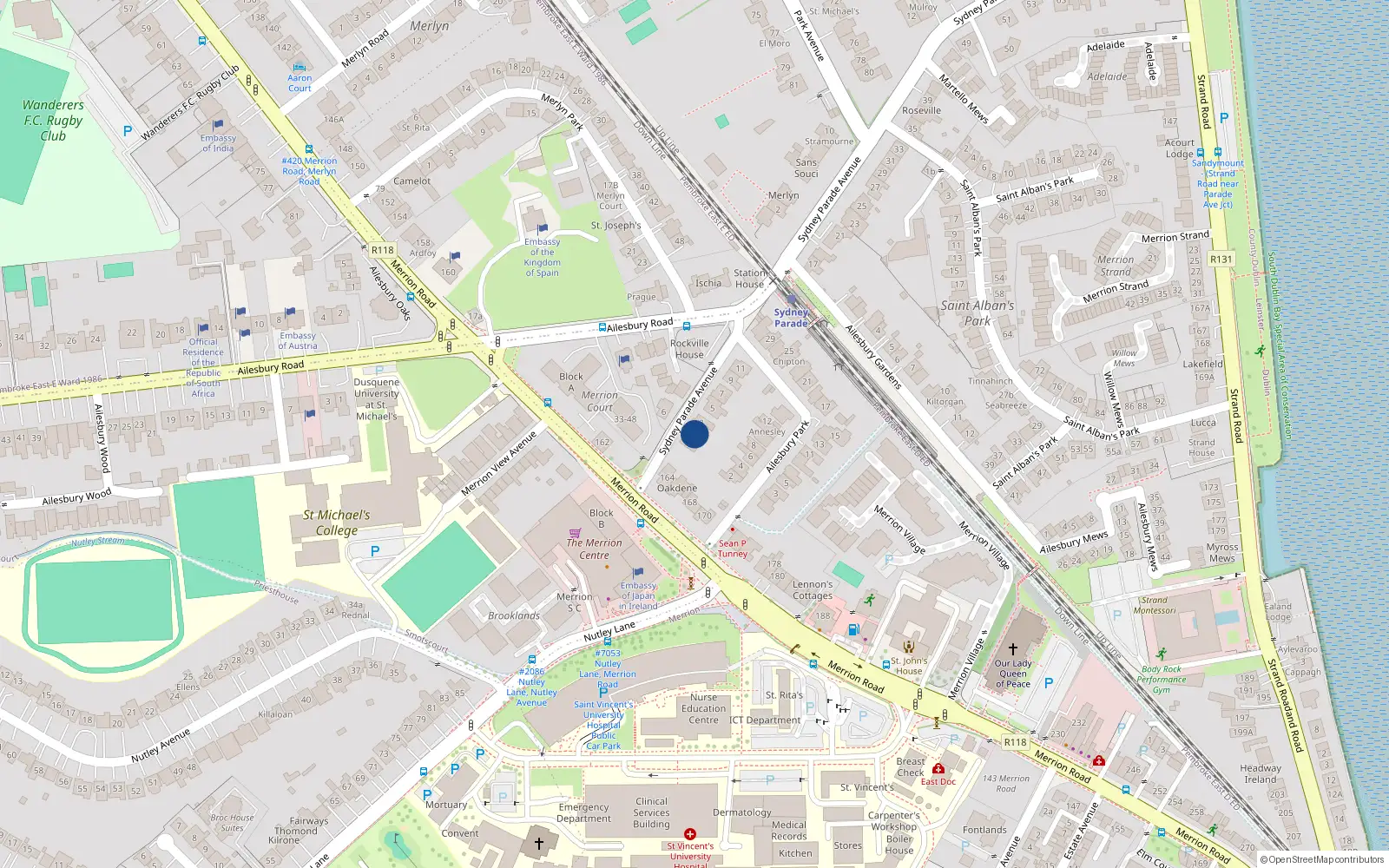 Overhead map showing the location of 1 Sydney Parade Avenue, Merrion