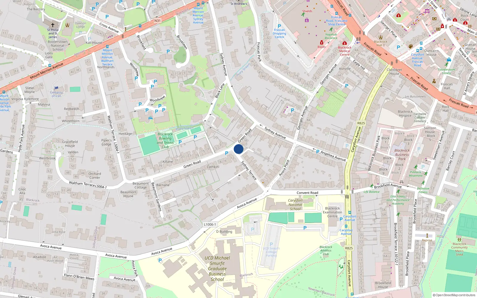 Overhead map showing the location of 1 Sydney Terrace, Blackrock