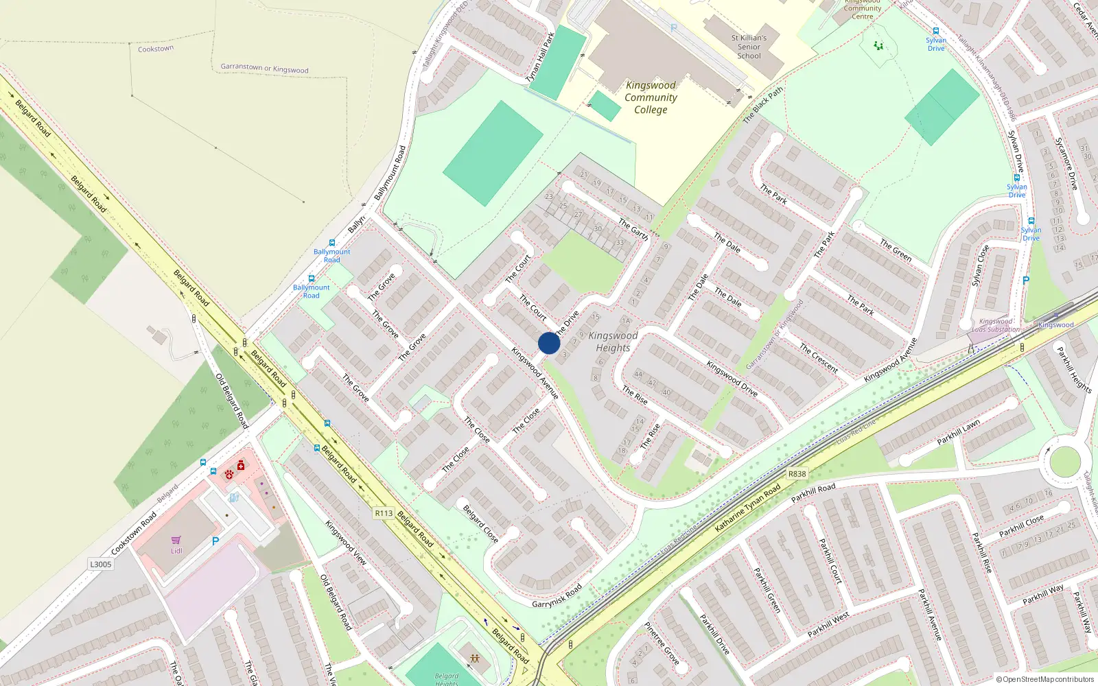 Overhead map showing the location of 1 Sylvan Drive, Kingswood Heights Drive, Tallaght