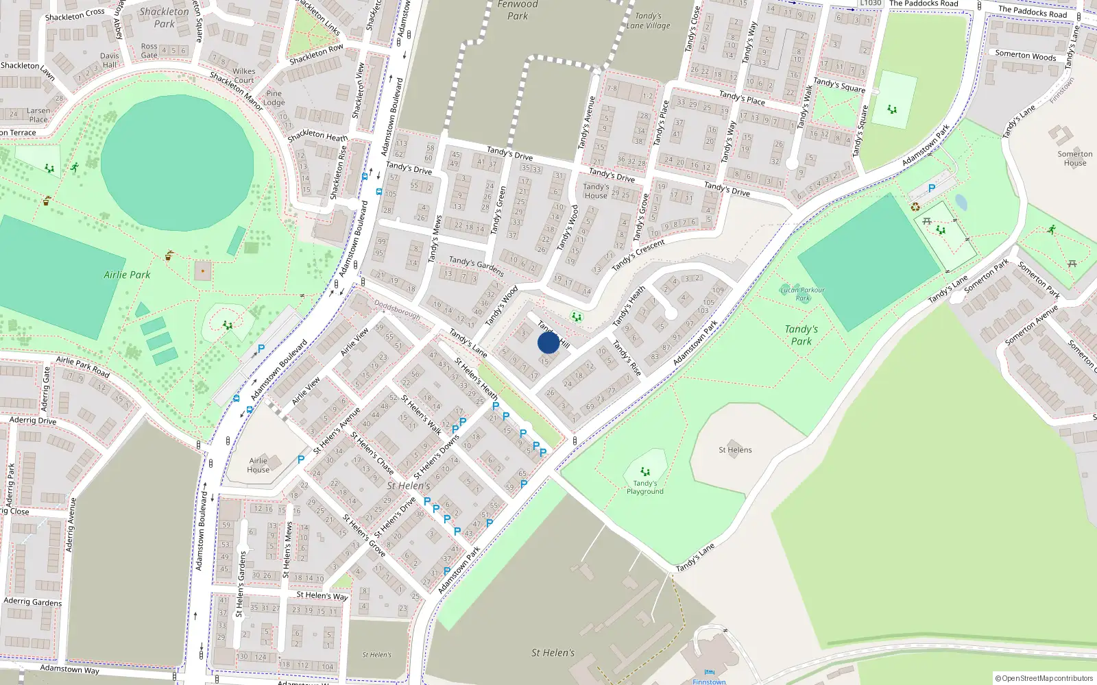 Overhead map showing the location of 1 Tandy’s Hill, Finnstown