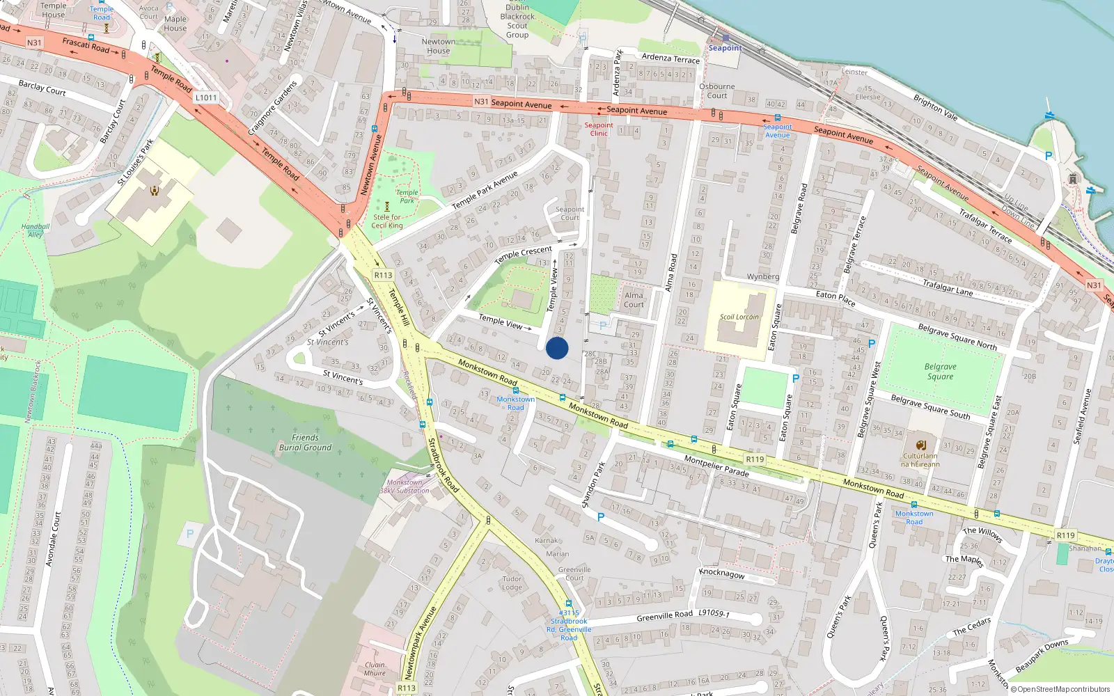 Overhead map showing the location of 1 Temple View, Blackrock