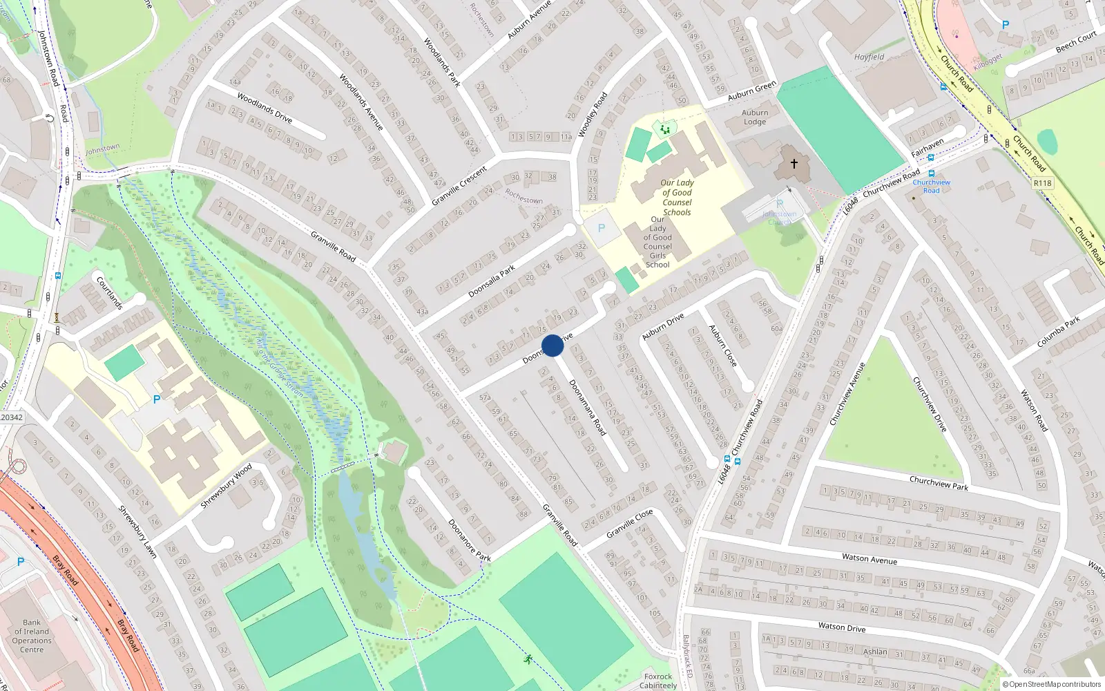 Overhead map showing the location of 1 the Mapels, Doonsalla Drive, Cabinteely