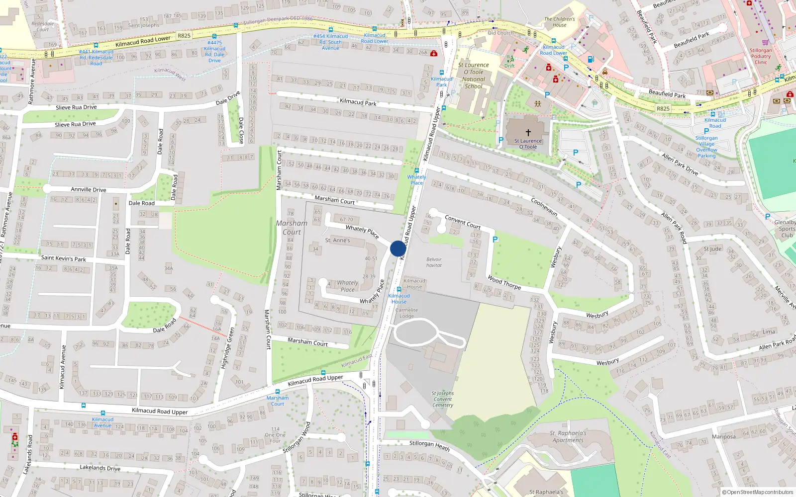 Overhead map showing the location of 1 Whately Place, Stillorgan