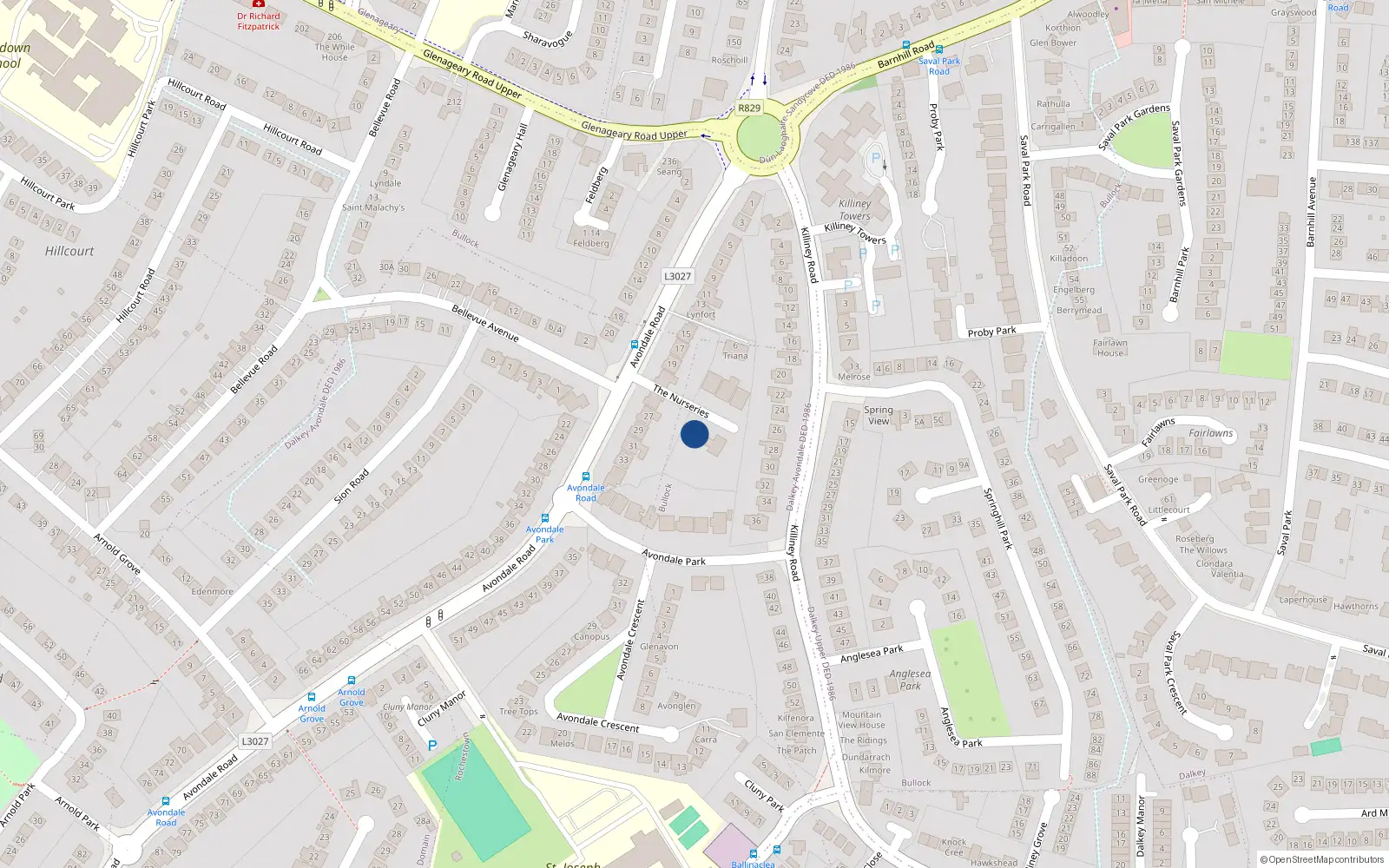 Overhead map showing the location of 1 The Nurseries, Killiney