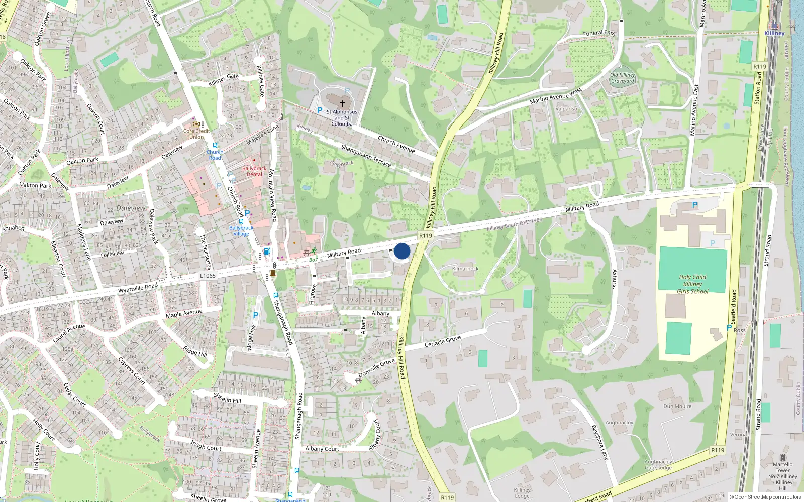 Overhead map showing the location of 1 the Orchards, Military Road, Killiney